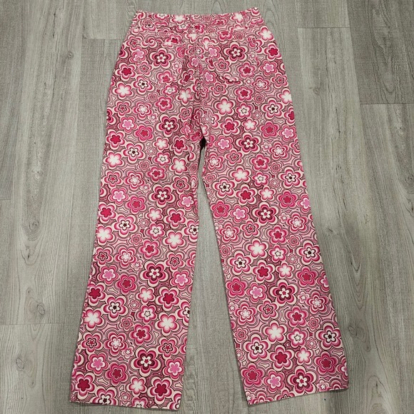 Womens Pink Floral Wide Leg Pants Retro Flower Pattern Y2K Style - Picture 2 of 5